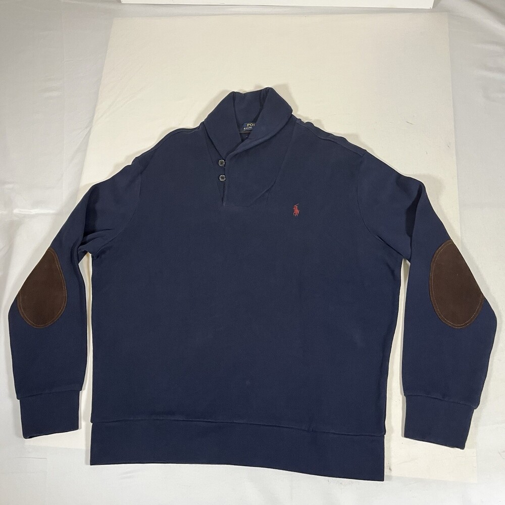 Polo Ralph Lauren Vintage Wool Shawl Button Pony Leather Elbow Hunting Sweater